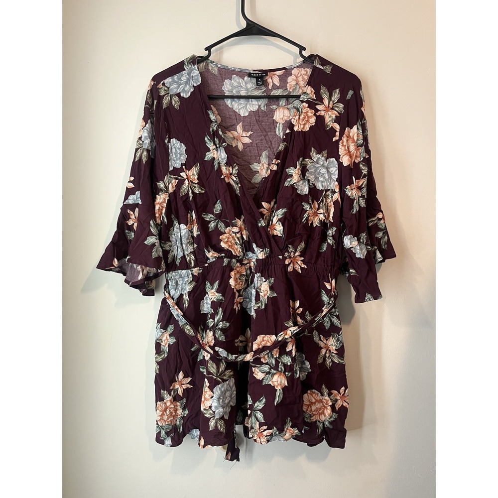 Torrid Floral Blouse Surplice Neckline Empire Waist Plus Size Top 1X Belted‎